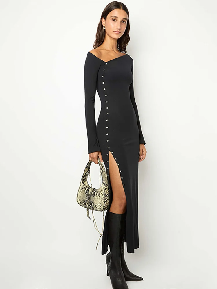 سيدة مثير واحدة الصدر فستان ماكسي خارج الكتف كم كامل الخصر Cinching سليم سبليت فساتين طويلة النساء عطلة رداء حفلات #4