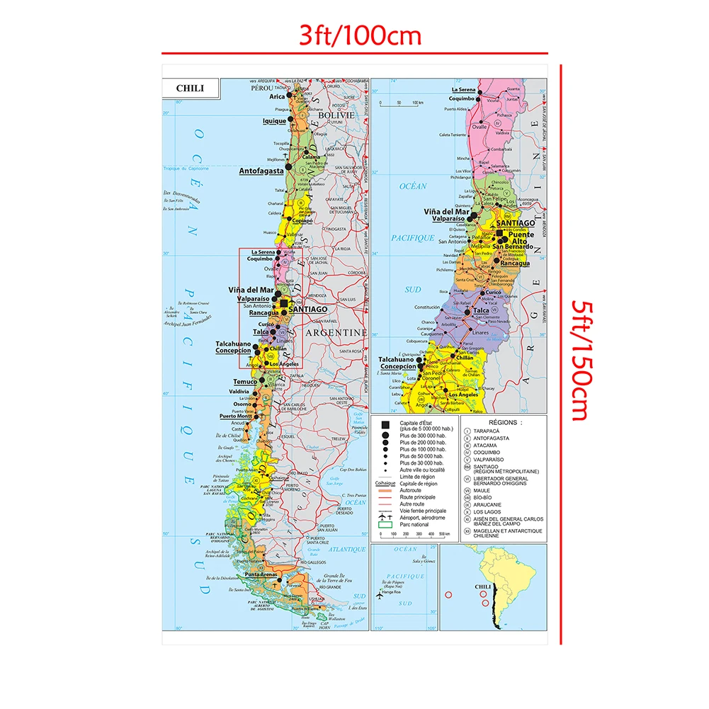 Mapa de transporte do chile em cartaz de parede francês pintura em tela não tecida sala de estar decoração de casa material escolar 100*150cm