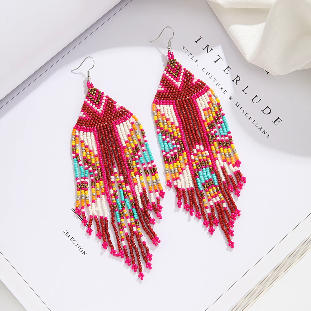 Rice bead earrings Tassel Fashion Simple Design Bohemia Hand knitting Alloy Geometry Beaded earrings