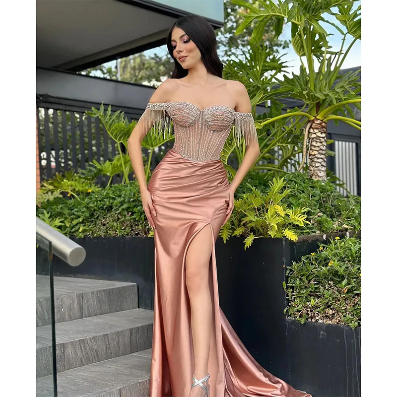 Rosy Gold Prom Dress Crystal Tassels Off Shoulder Evening Dresses Bodice Split Formal Long Special Occasion Party Gown