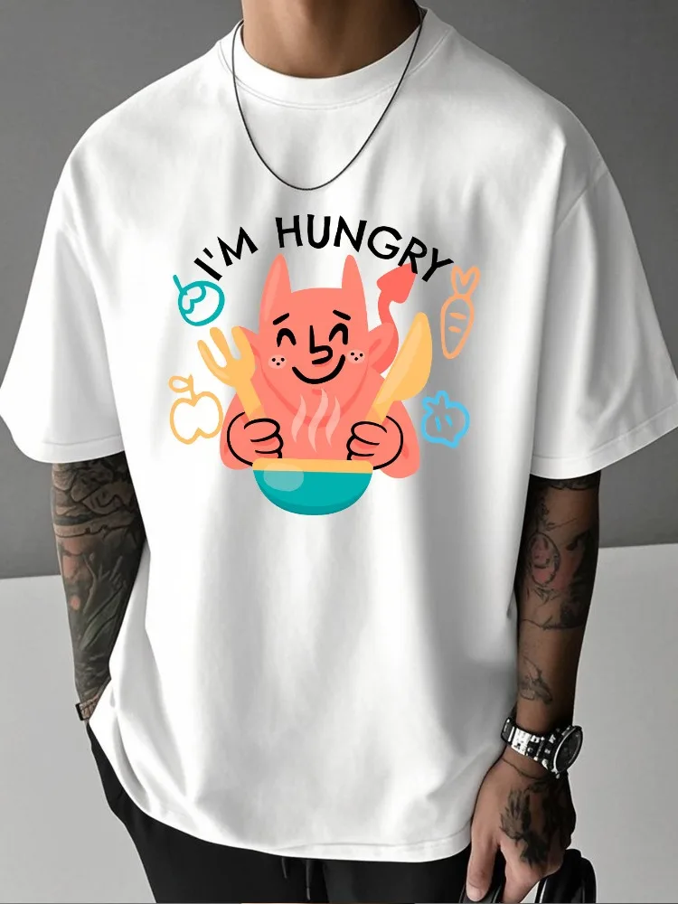 Men Summer Oversized T Shirt Cute Hungry Devil Food Letter Graphic Tee Casual Hip Hop Loose Short Sleeve Streetwear Fashion Top