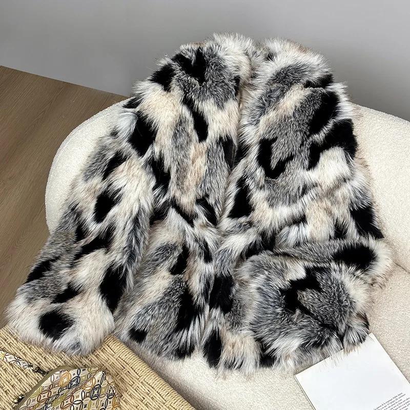 Moda gradiente cor animal casaco de pele do falso jaqueta de pelúcia feminino inverno solto grande lapela meados de comprimento jaquetas jaqueta macia outerwear