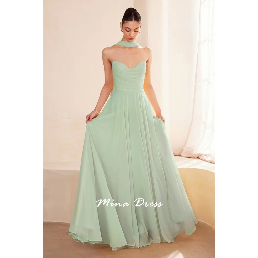 

Mina Customized Off-shoulder A-shaped Chiffon Pleated Light Green Sleeveless Wedding Party Dress Elegant Party Dresses 2025 Prom