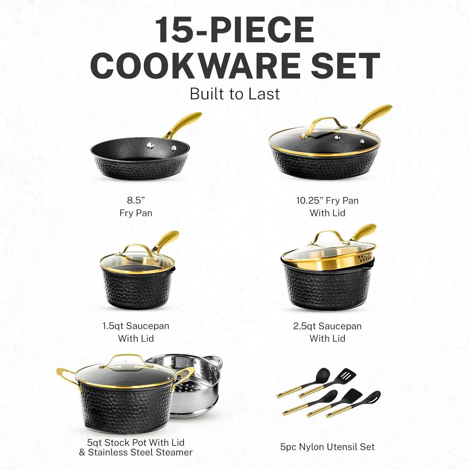 Cookware Sets Induction Modern Black 15PCS Complete Signature Non Stick Aluminium Hammer Cookware Set