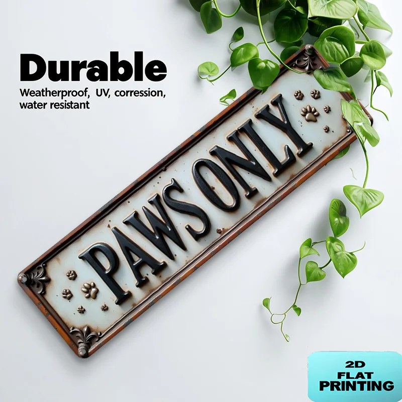 2D Flat Dog Paw Print Metal Sign, Specially Designed for Pets - Vintage Wall Decor, with Paw Print and Bone Shaped Cutouts