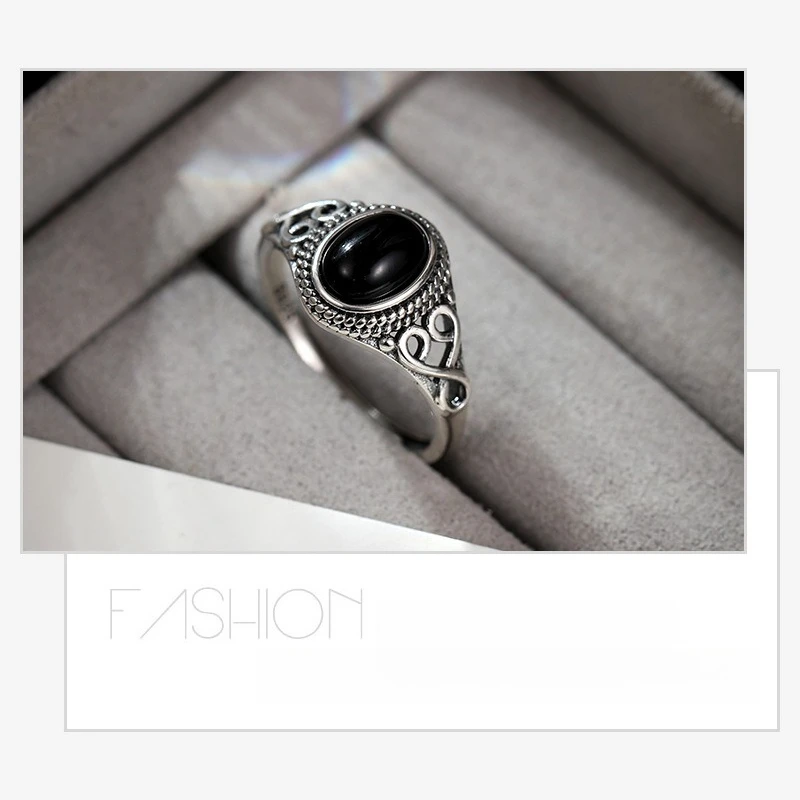 

Винтажное кольцо из стерлингового серебра 925 пробы с ониксом и круглым черным агатом, модные ювелирные изделия, персонализированные регулируемые кольца для женщин