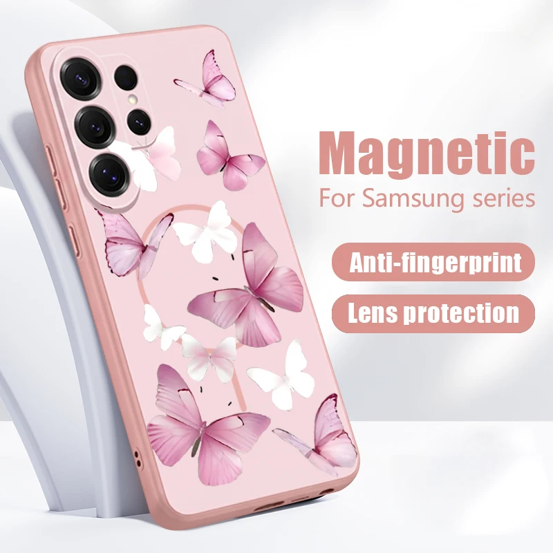 Pink Butterfly Magnetic Phone Case For Samsung Galaxy S26 S25 S24 Ultra S25 S24 S23 FE A57 A56 A37 A17 A55 A36 A15 A35 5G Cover
