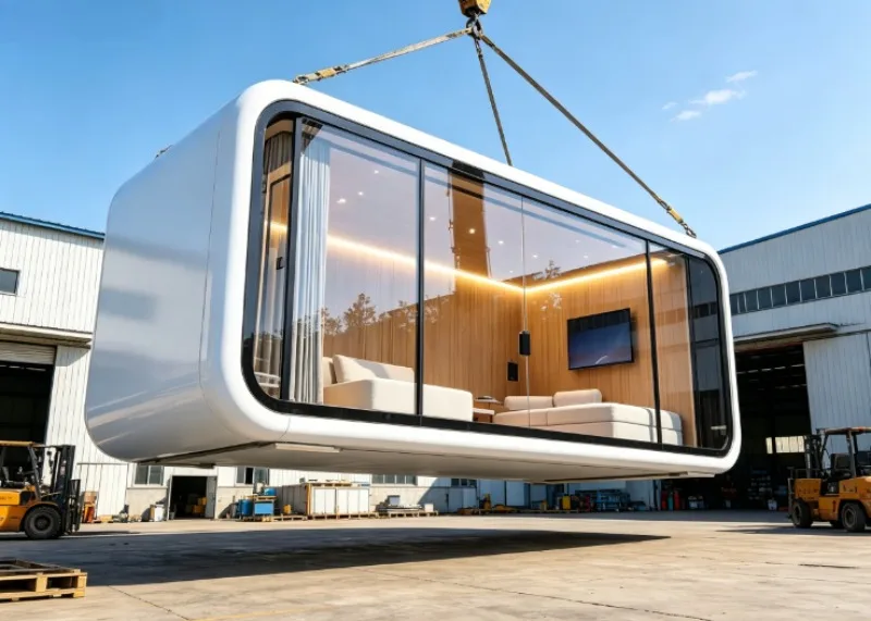 High Quality Economical Functional Apple Cabin Prefab House, Smart Pod With Bed, AC, Ventilation & USB For Personal Office Use