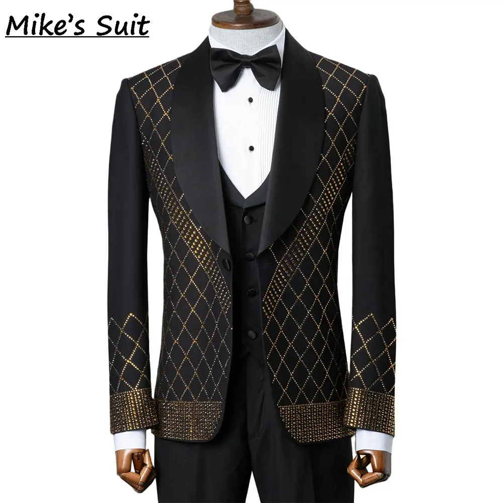 Luxurious Shiny Gem Men's Business Suit For Wedding Groom Wear Prom Man Suits Blazer 2 Pieces Set Jacket+Pant
