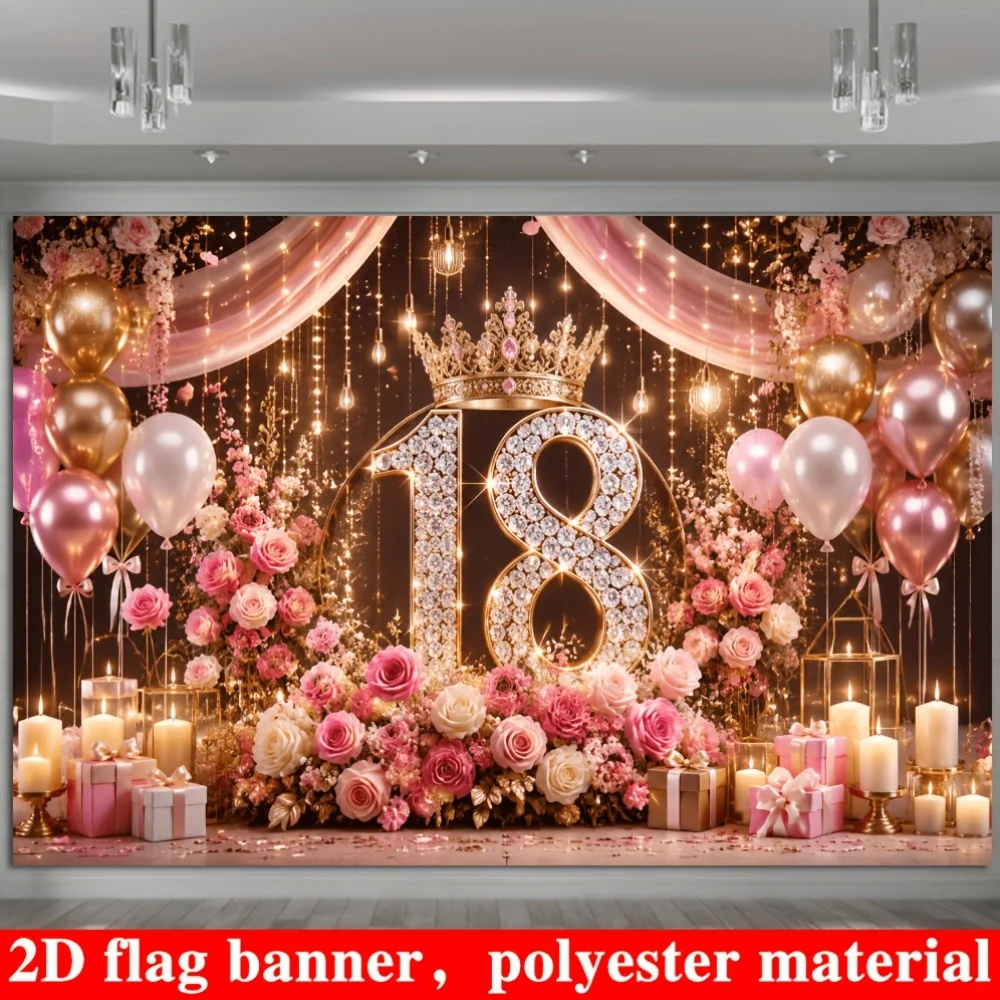 Suitable for a 18th birthday theme background, pink and white roses, pink and gold balloons, candles and gifts