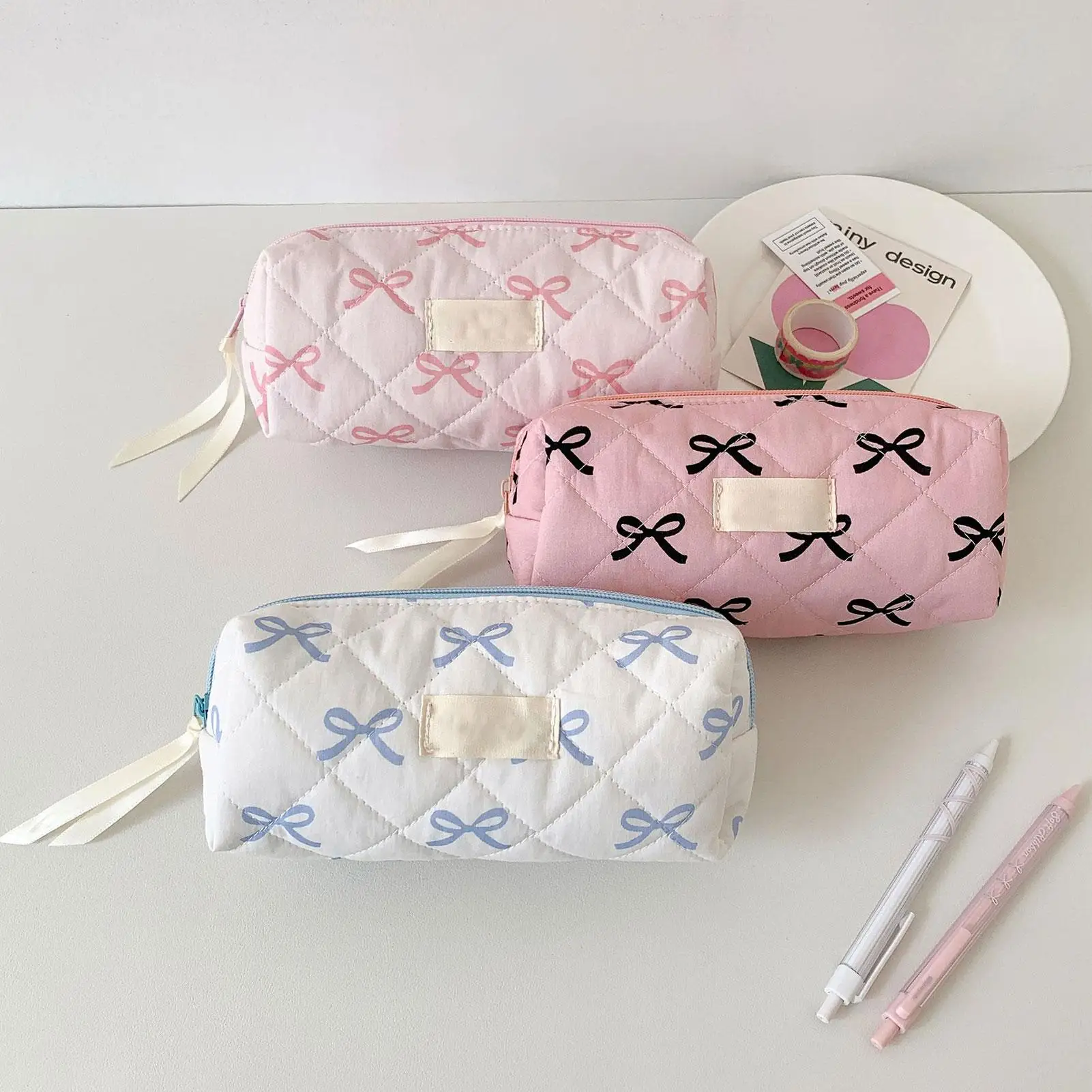 Bowknot Bow Stationery Bag Large Capacity Pencil Case Rectangular Desktop Storage Pouch Portable School Supplie for Stationery