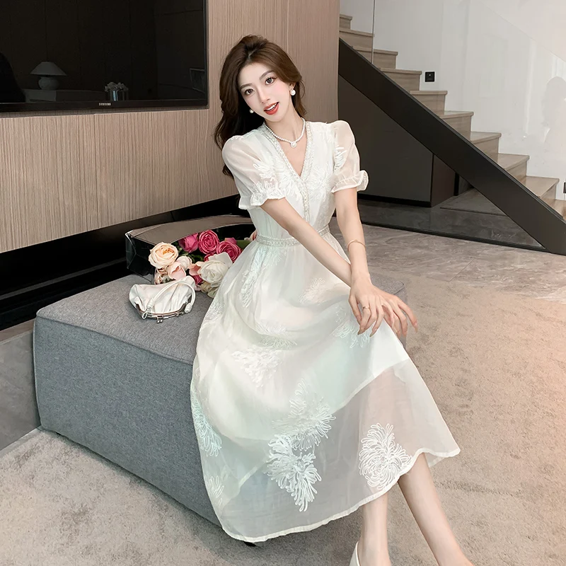 New Elegant Summer Embroidery Flower Midi Dress 2024 Vintage Women Beading V Neck Puff Sleeve High Waist Apricot Color Vestidos