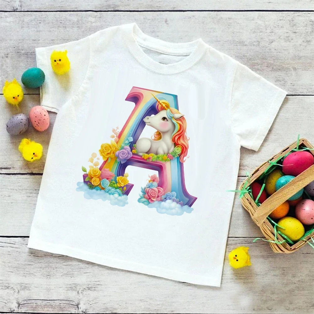 

Cute Unicorn Rainbow Initial A-Z Printed Kids Shirt Child Summer T-Shirt Boys Girls Short Sleeve Tops Clothes Cute Toddles Tee