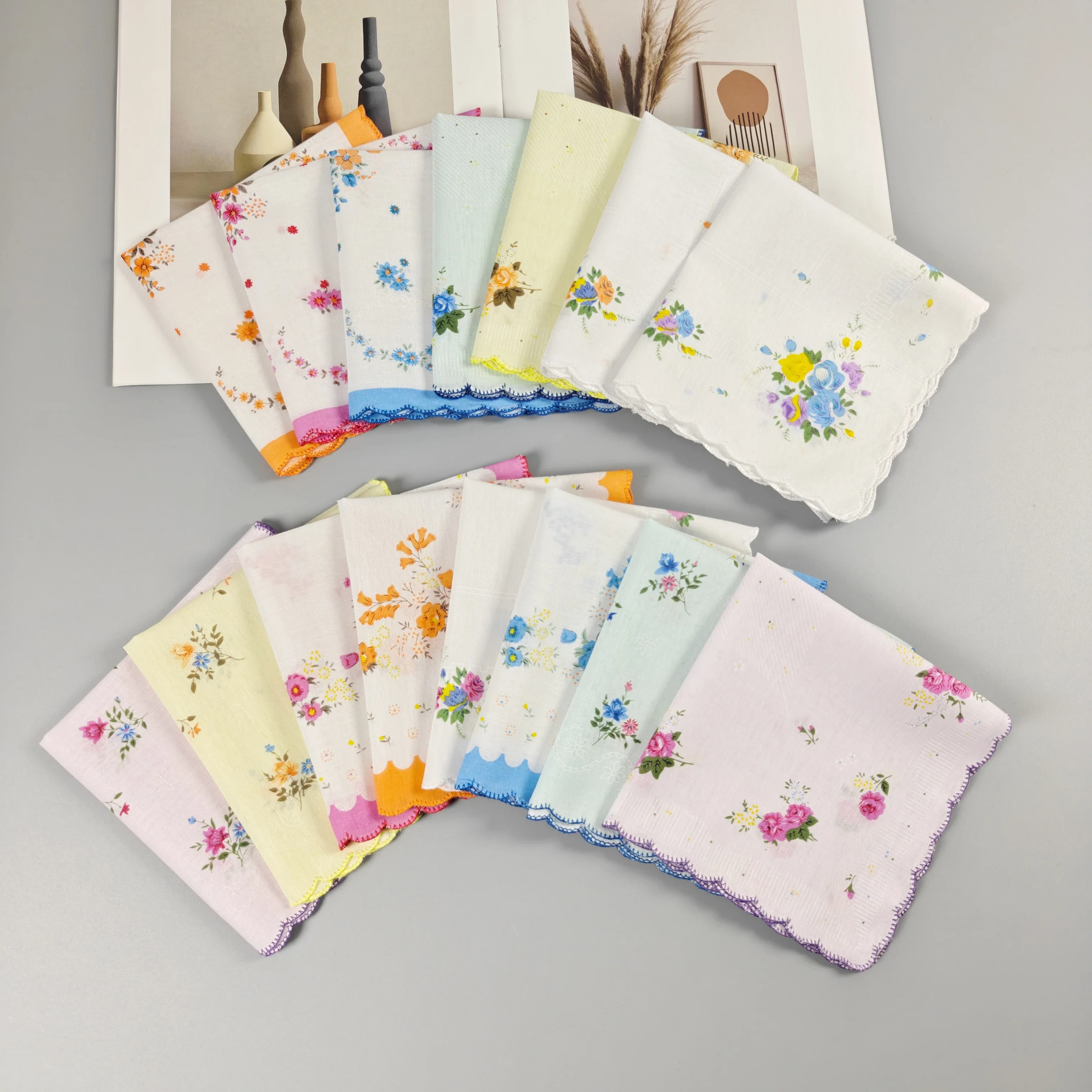 Thin Feel 11.6inch/29.5cm Cotton Crescenta Women's Printed Handkerchief Retro 12pcs