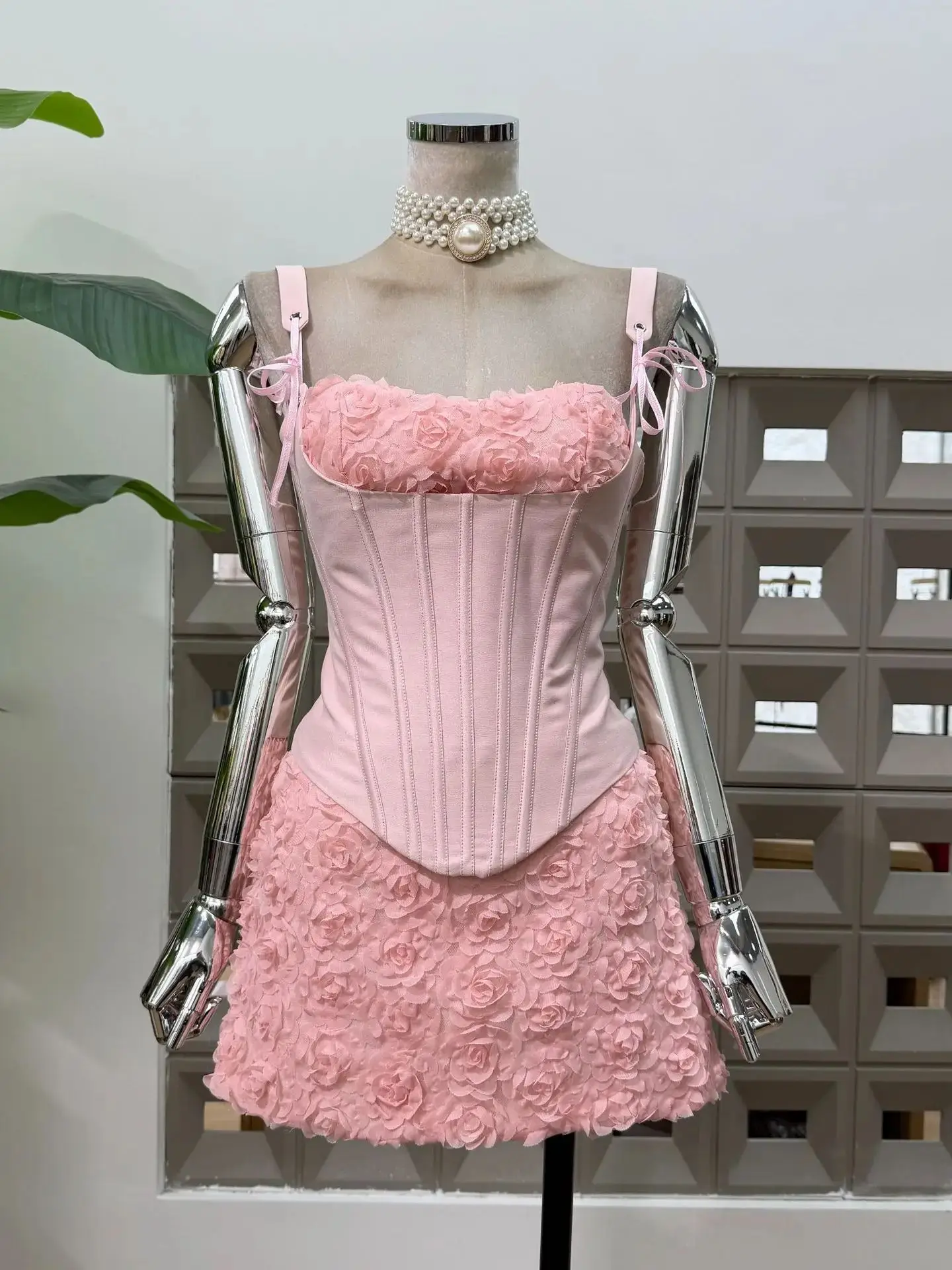 New Unique Lace Up Boned Corset Floral Mini Skirt Two Piece Set Hot Sexy Sweet Birthday Party Club Dance Evening Women's Dresses