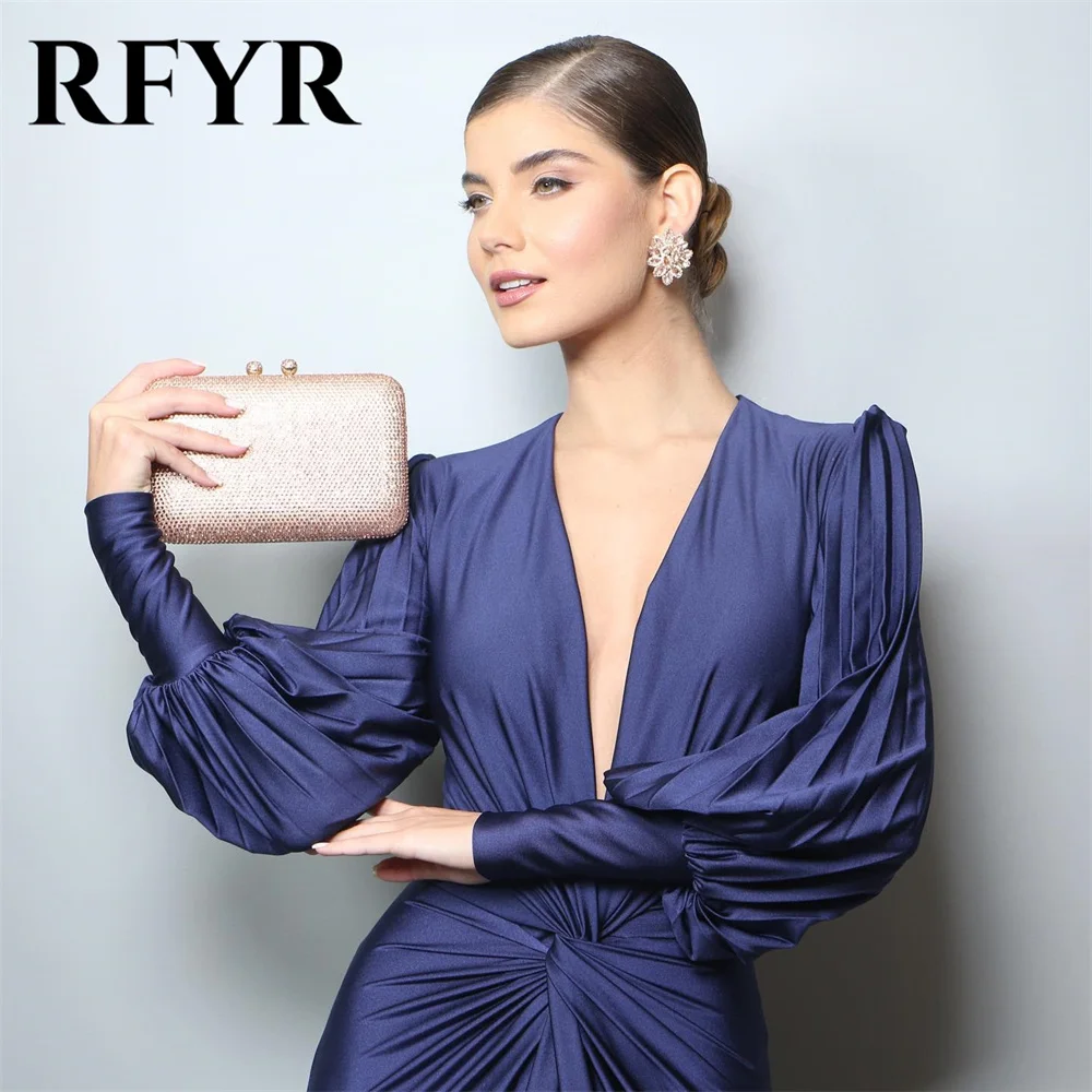 RFYR Mermaid Sexy Woman Evening Dress Gown Royal Blue Prom Gown Pleat Stain Pleat V Neck Night Dress Gown Plus Size Customized