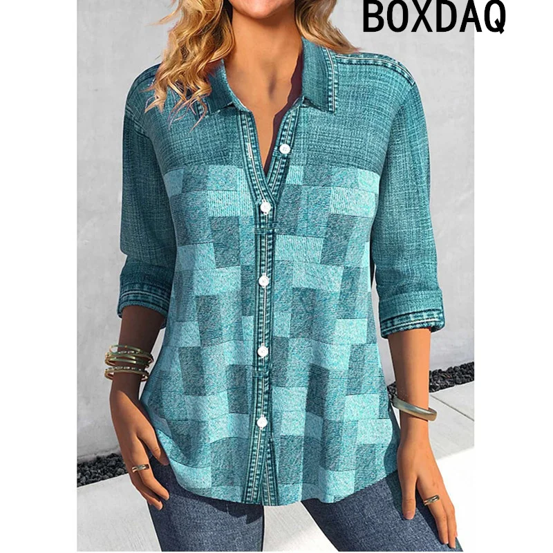 

Women's Vintage 3D Colorful Patchwork Shirt Autumu New Long Sleeve Lapel Women's Blouse Fashion Basic Casual Ol Ladies Shirt Top