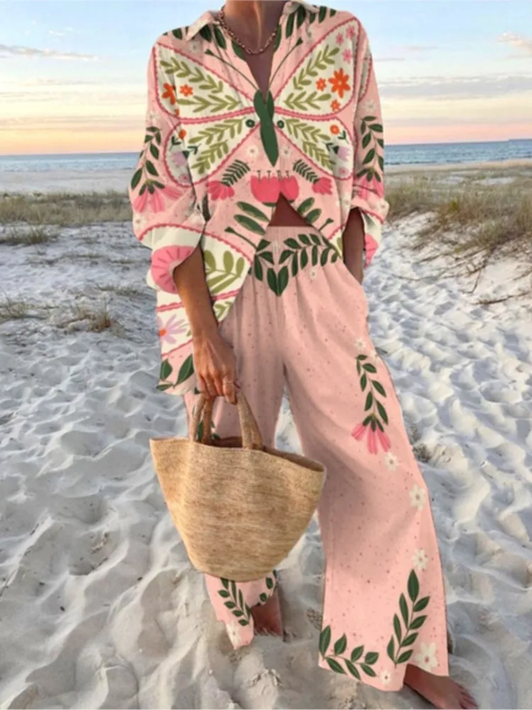 

Woman Fashion Print Beach Holiday 2-Piece Sets Spring Summer Long Sleeve Shirt Top + Wide Leg Pant Women's Two-Piece Outfit