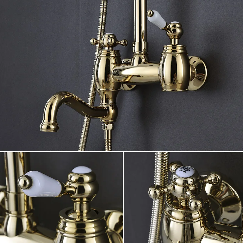 Wall Mounted Rainfall Shower System Bathroom Rainfall Shower Combo Set with Handheld Shower 3 Function Shower Faucet Set Gold