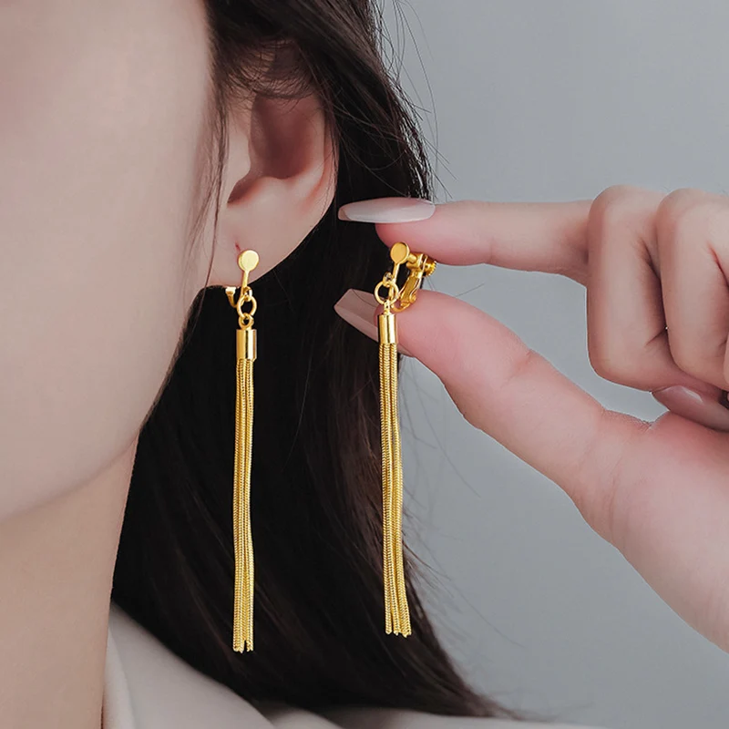 High Quality Metal Chain Tassel Clip on Earrings Without Piercing Ear Clips for Women Vintage Simple Party Jewelry Accessories