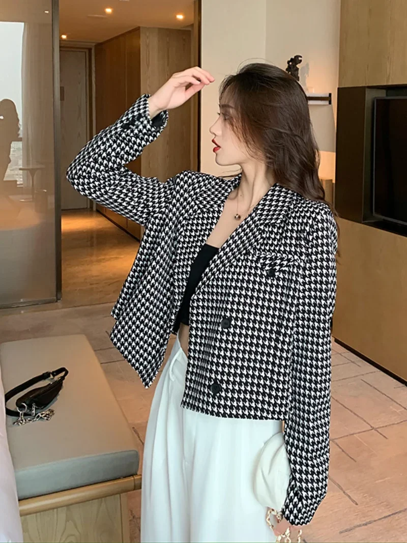 Blazer Houndstooth de peito único feminino, blazer de escritório casual com todos os jogos, terno xadrez de viagem, moda feminina, novo, 2021