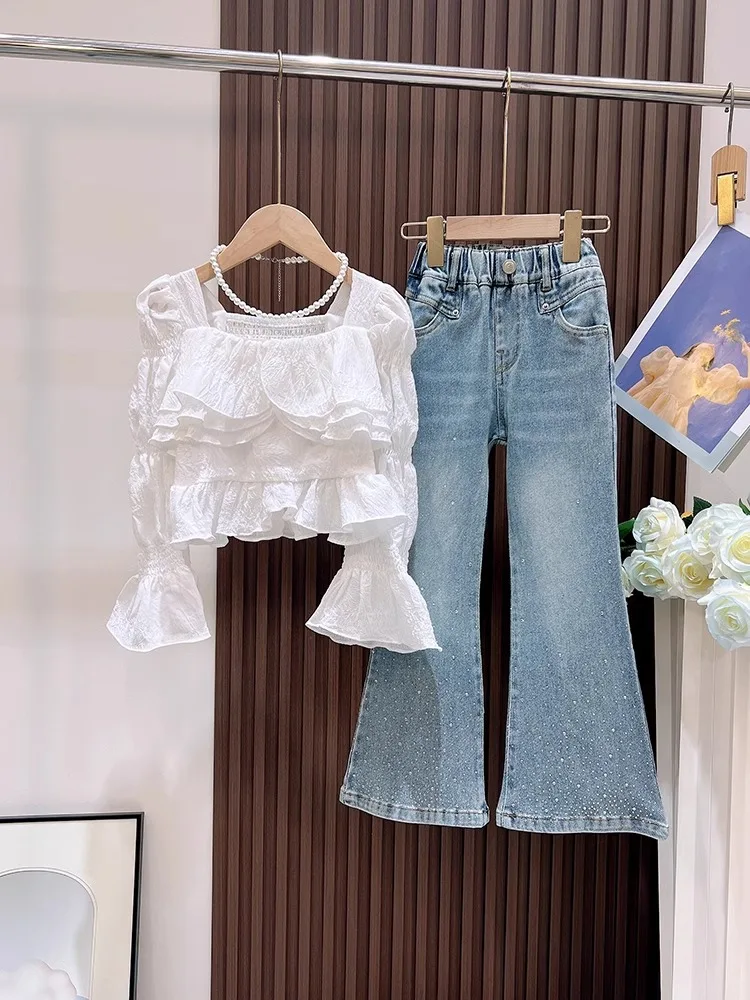 女の子用春秋ベルボトムジーンズ、ラインストーン装飾デニムシャツセット、花柄袖付きロングパンツ（大きなお子様向け）