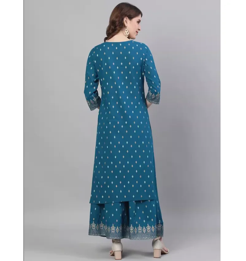 Spring and Summer Indian Ethnic Style 100% Cotton Printed Navy Blue Three-Piece Set