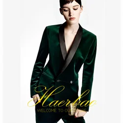 Ensemble veste et pantalon à double boutonnage en velours pour femme, blazer vert foncé, robe de mariée, vêtements de travail de bureau formels