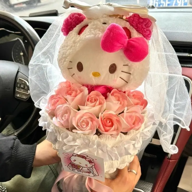 

Sweet Anime Kawaii Hello Kitty Lovely Doll Flower Bouquet Cute Cartoon Kt Cat Birthday Pendant Lovely Gifts for Friends