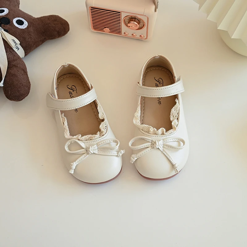 Bow Solid Girls Flats Shoes Spring Autumn Ruffles PU Children Princess Shoes Hook Loop Shallow Soft Toddler Kids Mary Janes