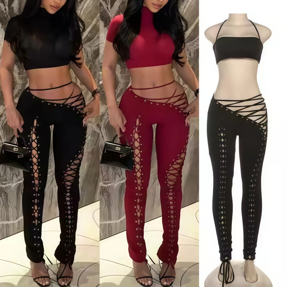 

FAGADOER Sexy Bandage Patchwork 2 Piece Sets Woman Outfit Halter Sleeveless Crop Tops and Pants Matching Suit Female Streetwear