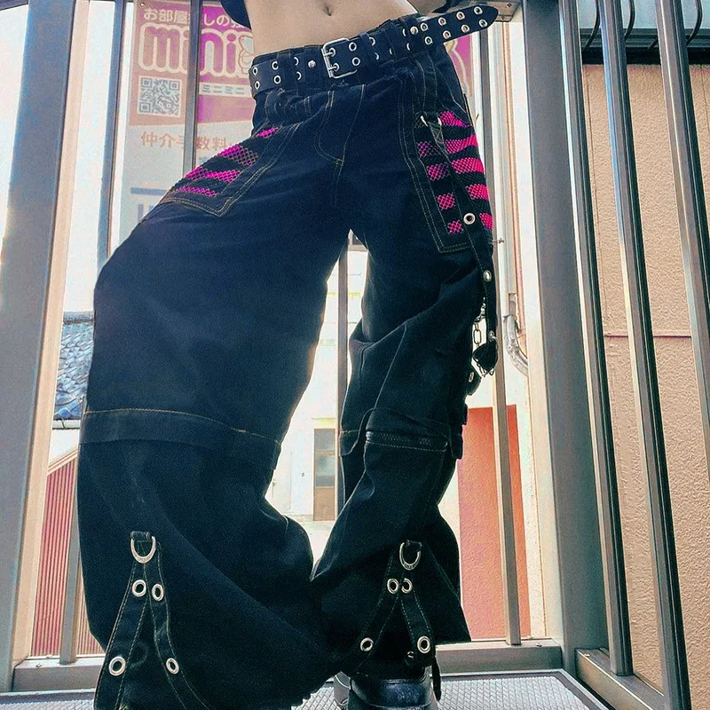 Corrente punk gótica feminina bandagem calças de perna larga, calça larga anos 90, tamanho grande baixo crescimento Y2k Streetwear acadêmico, estilo E-Girl