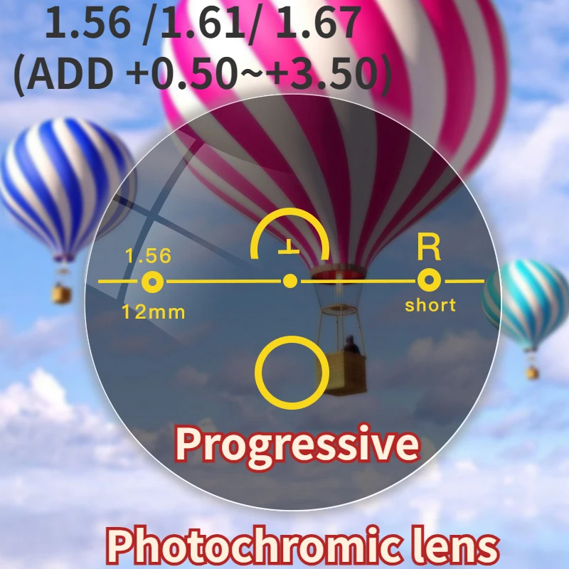 

Progressive Photochromic Lens1.56 1.61 1.67 (ADD +0.50~+3.50) Prescription Myopia Hyperopia Short Middle Far Lens