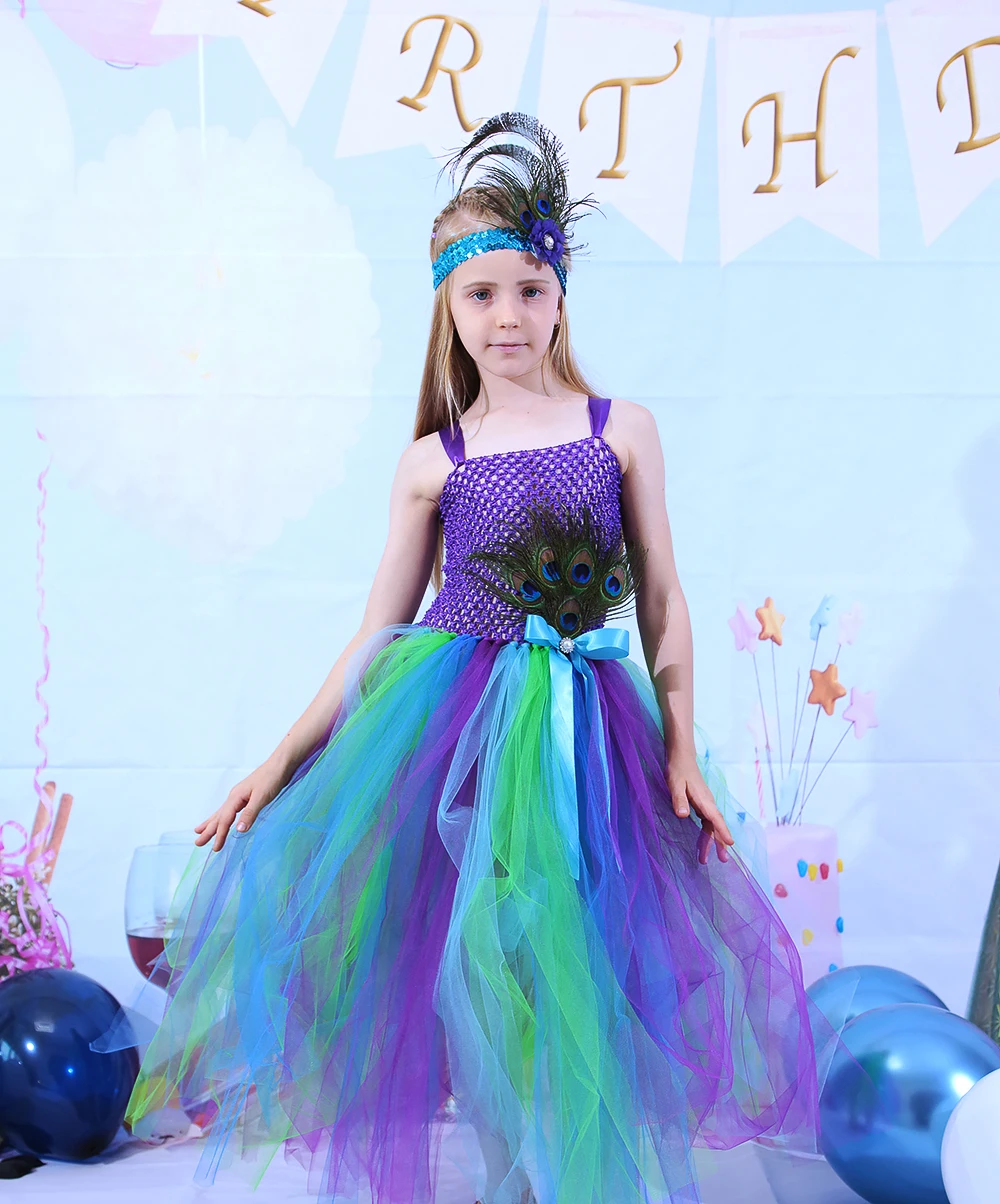 Ankle-Length Princess Girls Peacock Costume Tutu Dress Junior Bridesmaid Wedding Dresses Teen Girl Evening Party Long Dress Gown