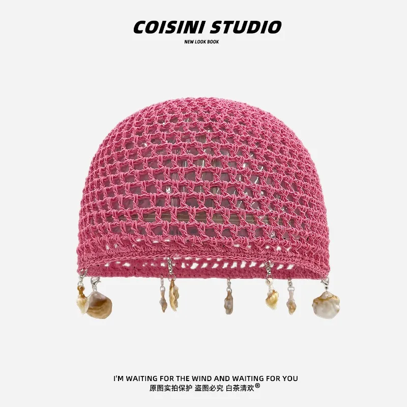 Niche Bohemian Hand-woven Openwork Shell Decoration Pullover Hat Women Spring and Summer Vacation Literary Knitted Cold Caps
