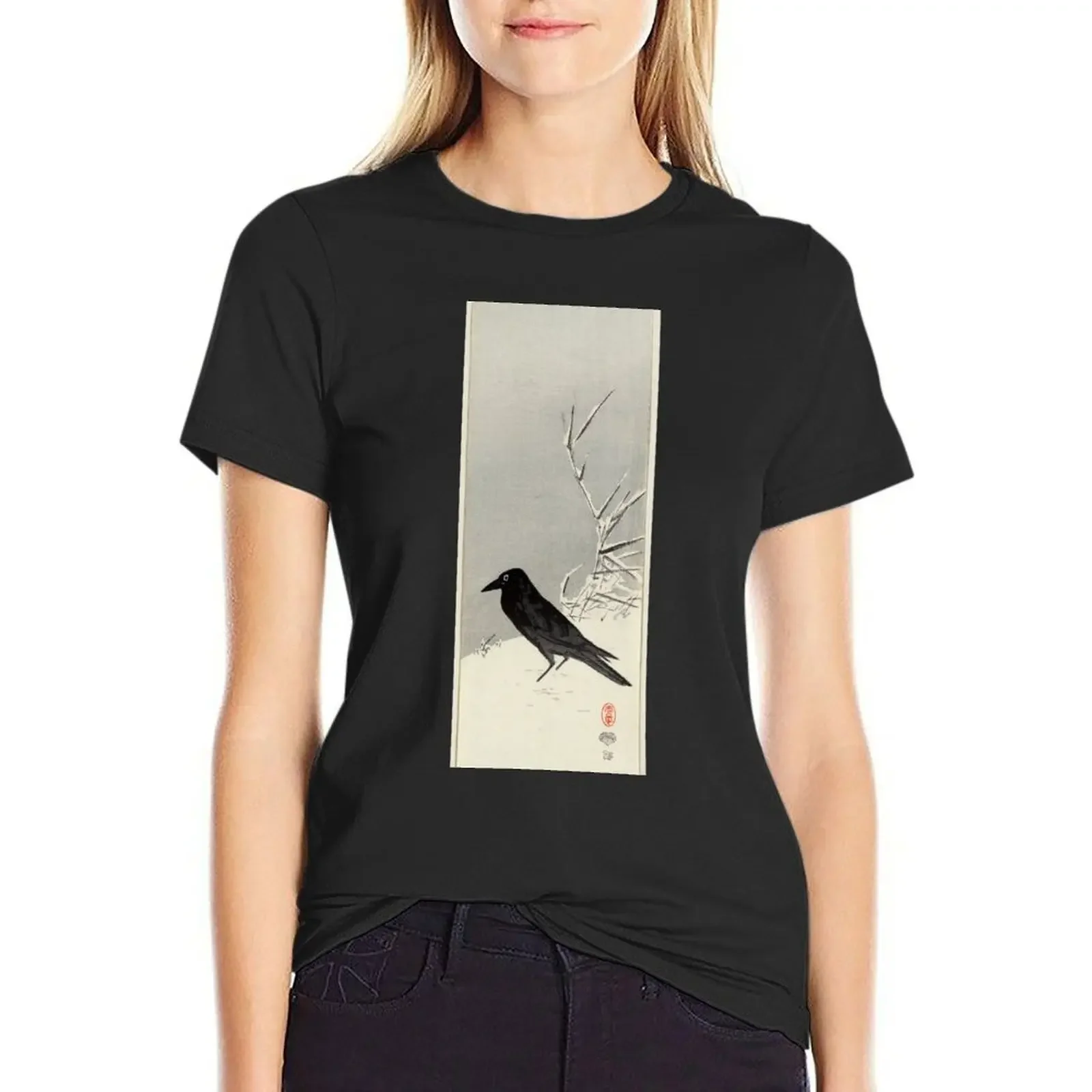 

Blackbird Near Reeds In Snow - Eigon Bessho - 1890 - woodcut T-Shirt kawaii clothes Blouse cotton t shirts Women