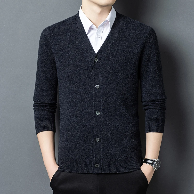 

Теплый флисовый свитер премиум-класса, мужской свитер с v-образным вырезом, вязаный однотонный зимний высококачественный шерстяной 100% кардиган, гладкие Sueters De Hombre