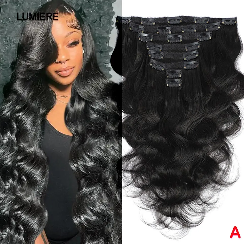 Body Wave Clip In Hair Extensions Real  Virgin Human Hair Clip In Hair Extensions 8pcs Hair Natural Black Color 26 Inches