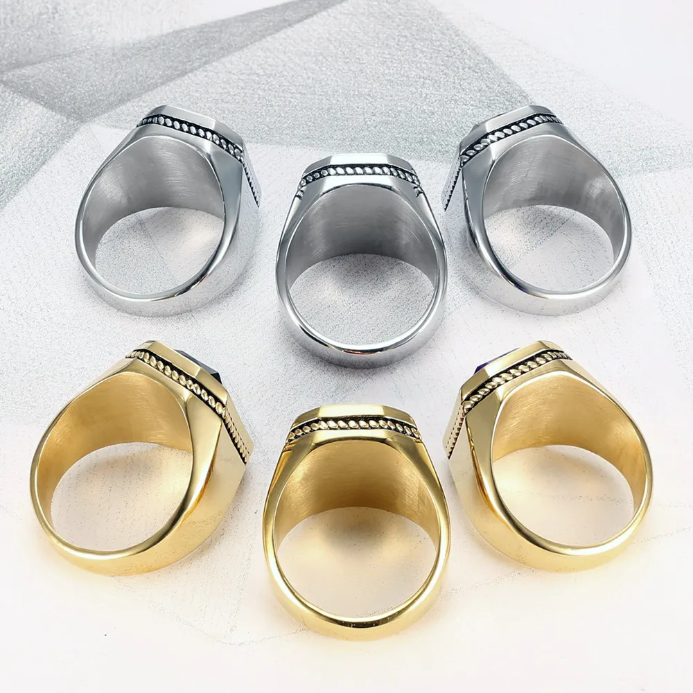 Big Square Gemstones Titanium Stainless Steel Rings for Men 18K Gold Filled Bands Masculine Cool Accessories Drop Shipping Hot