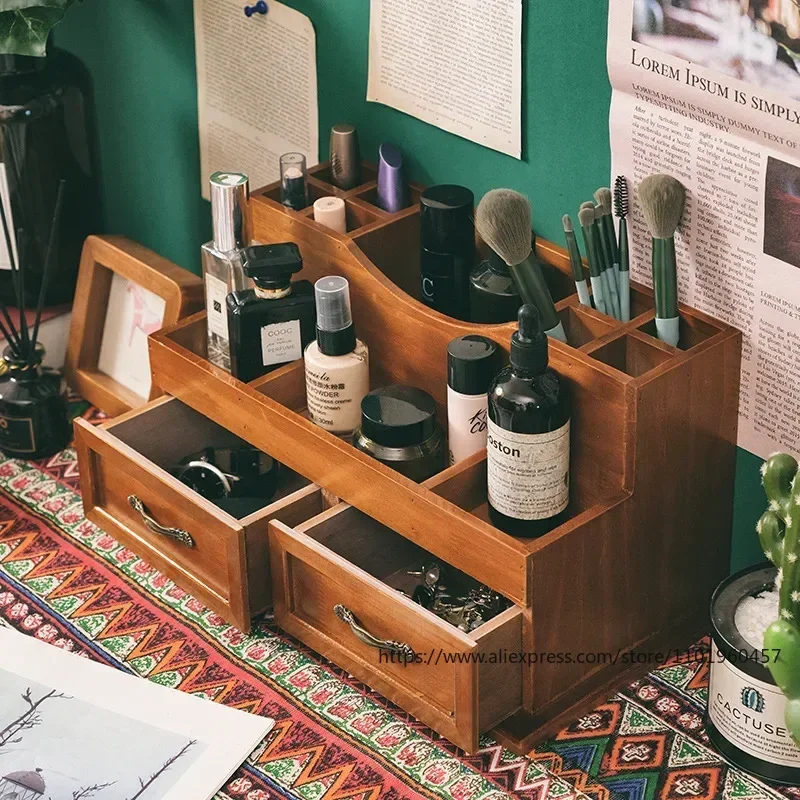 Vintage Style Wooden Desktop Storage Box with 12 Grids and 2 Drawers for Home Office Makeup and Jewelry Organization