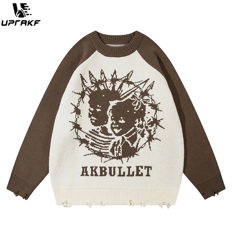 UPRAKF Contrast Color Kids Letter Ripped Sweater Autumn Fashion Streetwear Pullover Winter Long Sleeve Loose O Neck