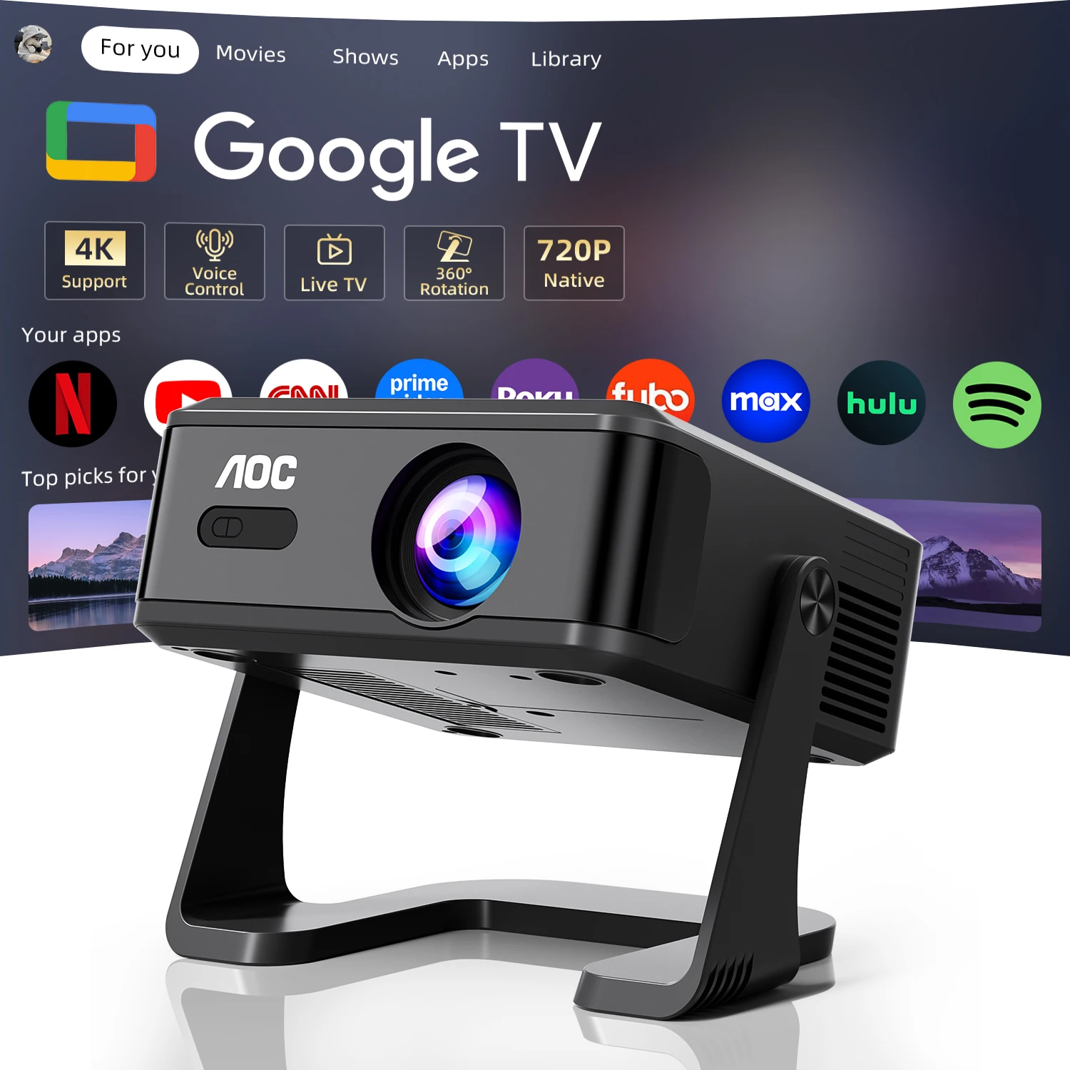 Proyector Inteligente AOC HA120-A con Google TV, Android 14, 720P Nativo, Decodificación 4K, Enfoque Automático, Corrección Trapezoidal de