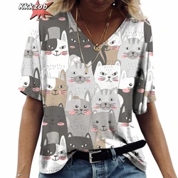 Anime Cat Print Women's T Shirt 2024 Fashion Harajuku Clothes V-Neck Oversized Short Sleeve Tees Women Casual Streetwear Blouse