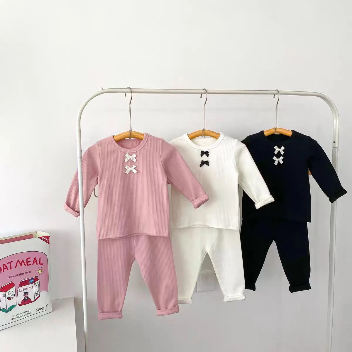 2026 Solid Sweet Baby Loungewear Set Fall Winter Bow Stylish Doll Dress Baby Girl Long Johns Two Piece Set