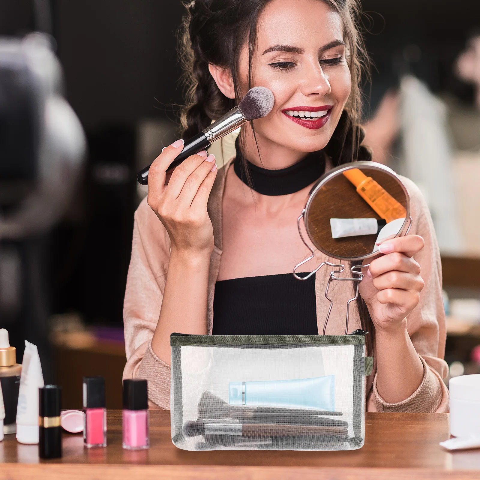 2 قطعة حقيبة تنظيم المكياج حقيبة شبكية لمستلزمات التجميل وأحمر الشفاه وفرشاة الأسنان المحمولة وحقيبة السفر لتخزين المكياج الصغيرة #1