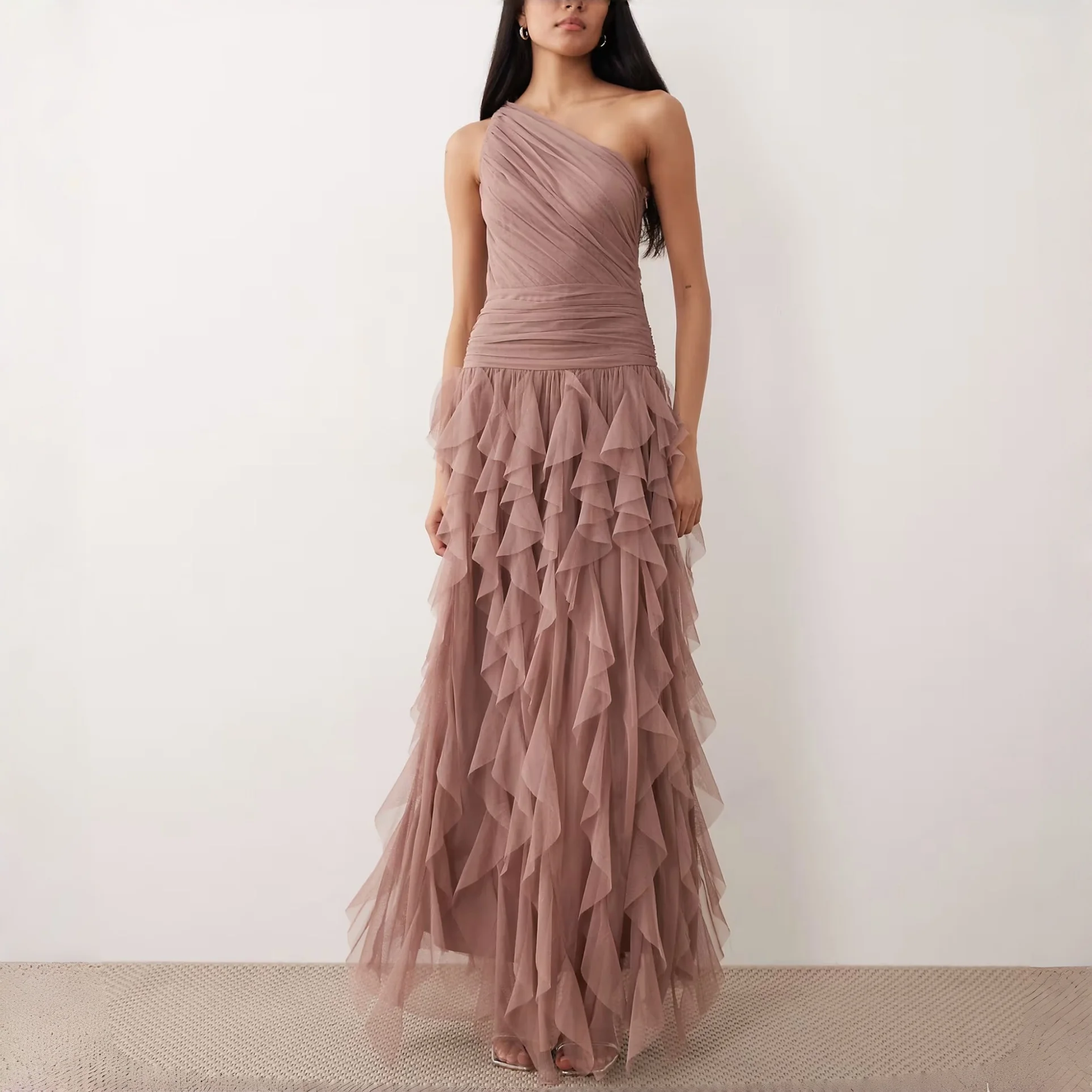 New One Shoulder Tulle Maxi Dress Diagonal Ruched Bodice Multi Layer Ruffle Evening Gown Bridesmaid Wedding Guest Customized