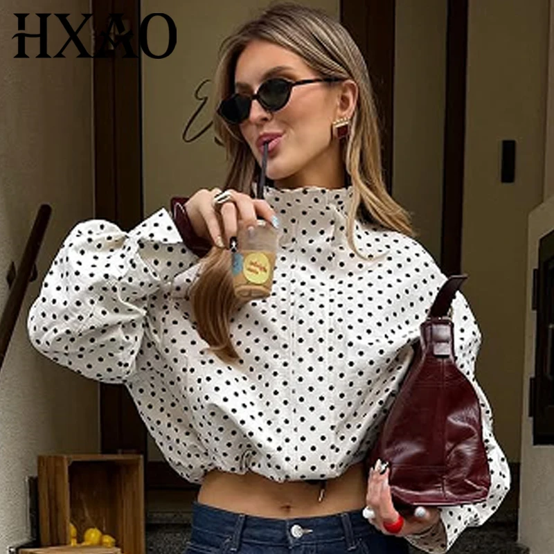 

HXAO 2026 Women's Polka Dot Oversized Jacket Zipper Plus Size Long Sleeve Tops New In Coats & Jackets Cropped Outdoor Outerwears