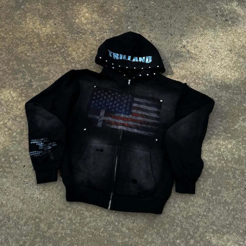 High Street Y2K Washed Worn Hooded Sweatshirt European American Willow Nail Metal Decoration Autumn Winter Streetwear Outerwear