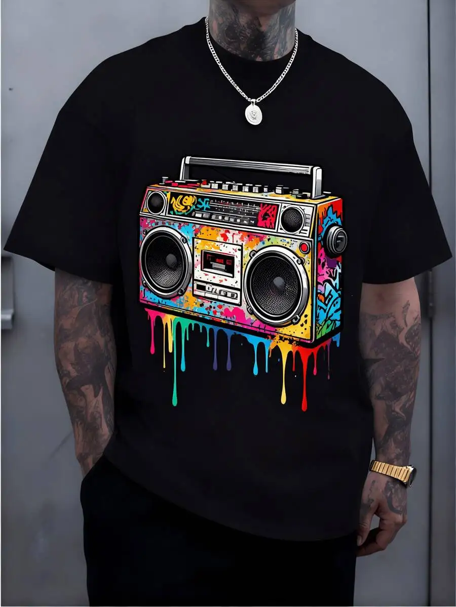 Men's Summer Outfits, Colorful Boombox Graphic T-Shirt, Funny Vintage T-Shirt, Loose And Breathable, Perfect For Music Festival, Great Gift For Men
