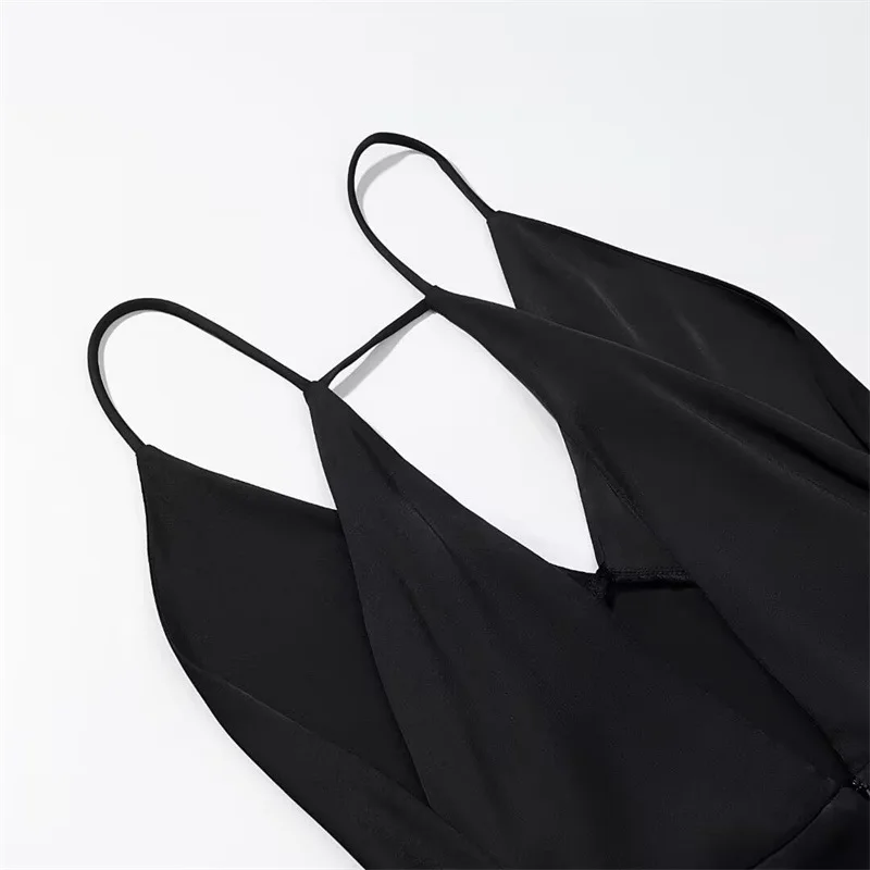Autumn Fashion Small Black Dress Simple Silk Satin Texture Long Dress